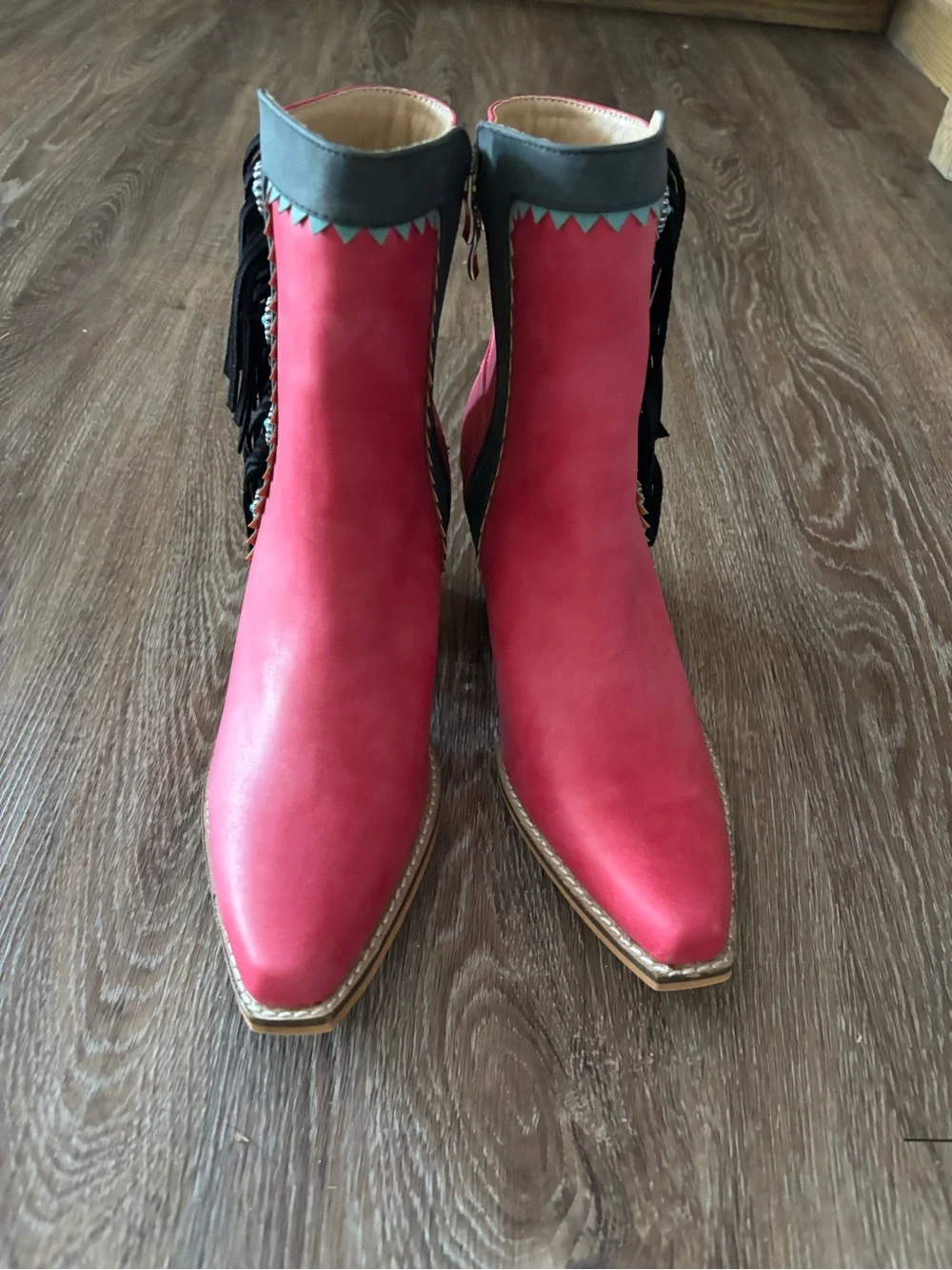 Women's Red Suede Fringe Ankle Booties with Concho Accent